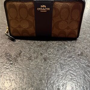 Coach Brown Signature Canvas Wallet, with Black Leather Accent and Gold Hardware